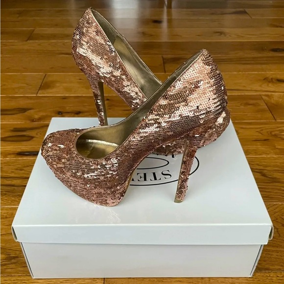 Steve Madden Bevv Rose Gold Sequin Platform Heels Size 8